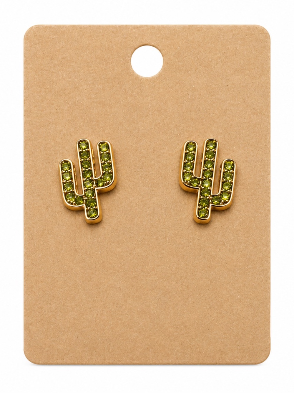 Gold Cactus Stud Earrings with Green Crystals